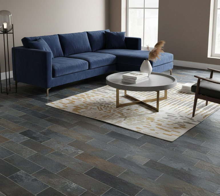 Travertine look subway tiles in modern living room with blue sofa