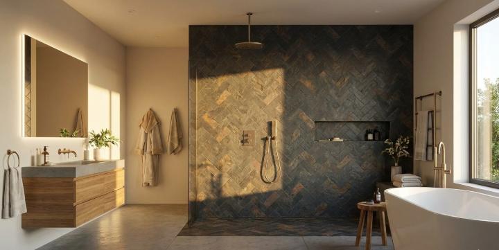 Modern luxury bathroom with slate look subway tiles in a herringbone pattern on the shower wall and a freestanding tub.