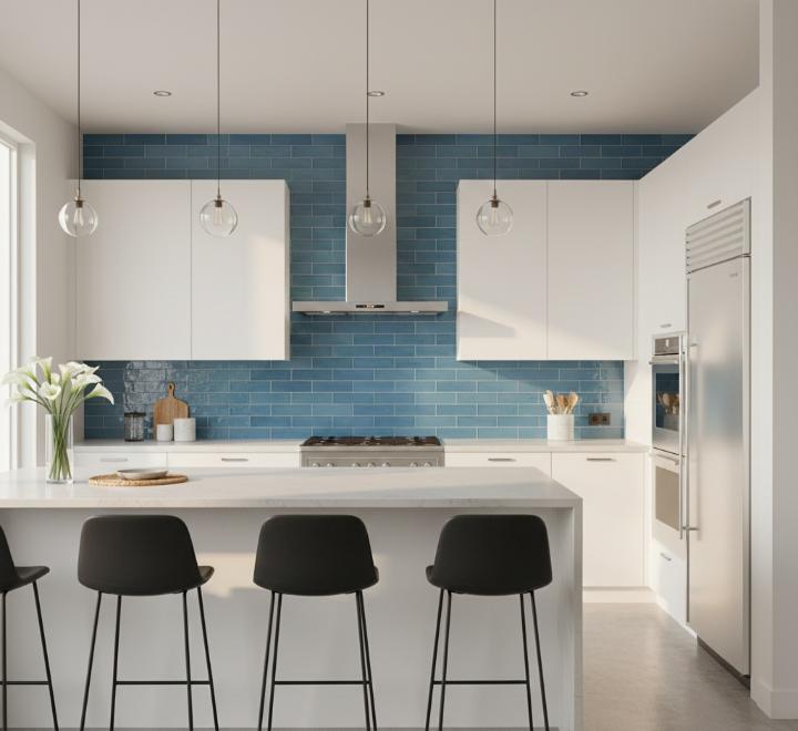Blue ceramic subway tiles 3x9 in coastal kitchen backsplash design
