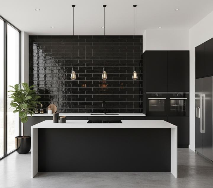 Black glossy subway tiles in 4x12 format creating dramatic kitchen focal wall