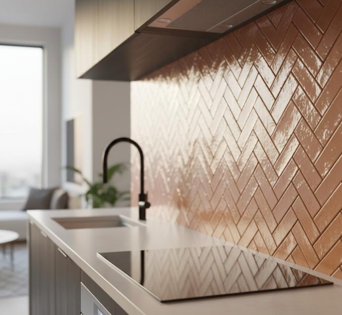 Zellige look subway tiles for backsplash in aveline cotto glossy finish installed as kitchen backsplash with herringbone pattern