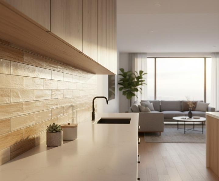 Minimalist open kitchen with light wood cabinets, wood-look tile backsplash, and white countertops