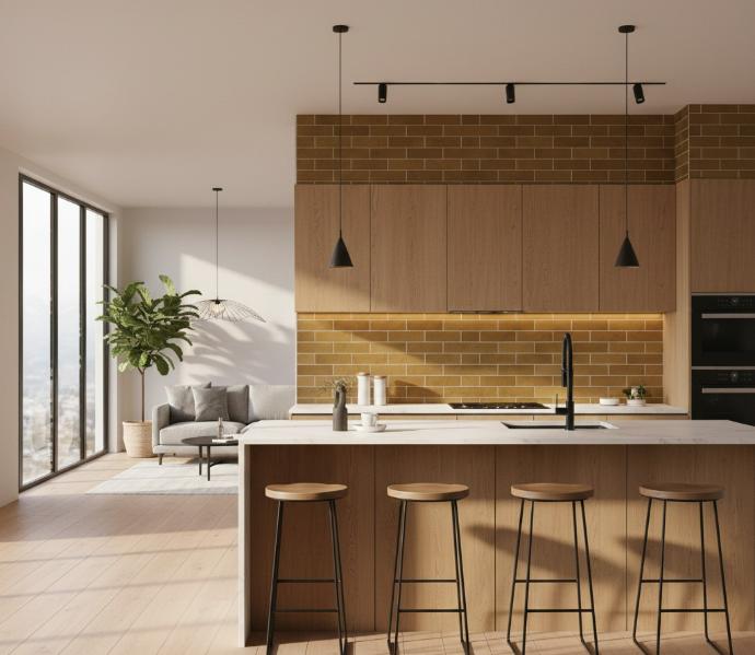 Modern kitchen with wood cabinets, white waterfall island, tan brick backsplash, and wooden bar stools