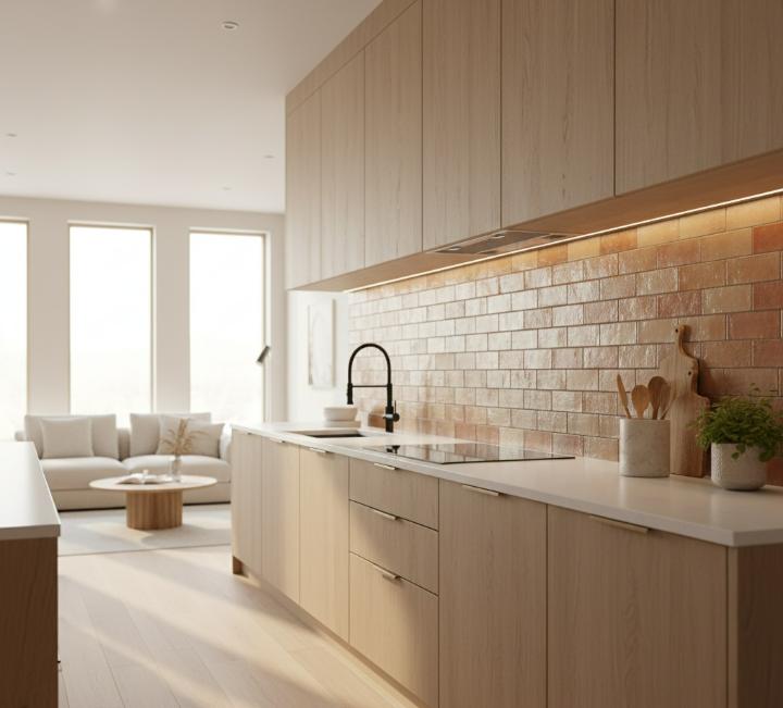 Modern kitchen with light wood cabinets, white subway tile backsplash, and under-cabinet lighting