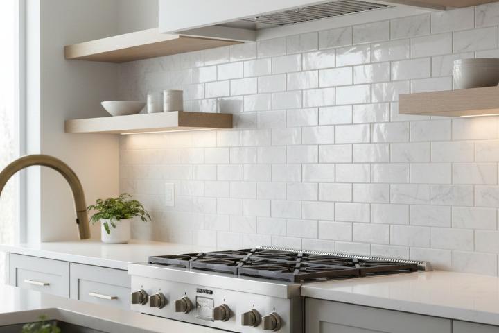 White marble-look porcelain subway tiles in modern kitchen backsplash