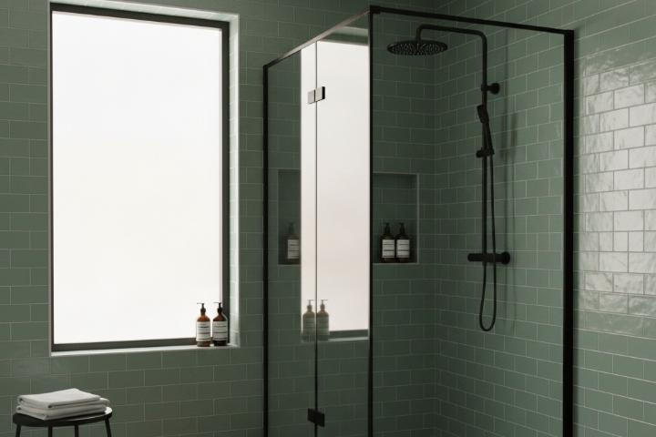 Matte sage green porcelain subway tile bathroom shower installation