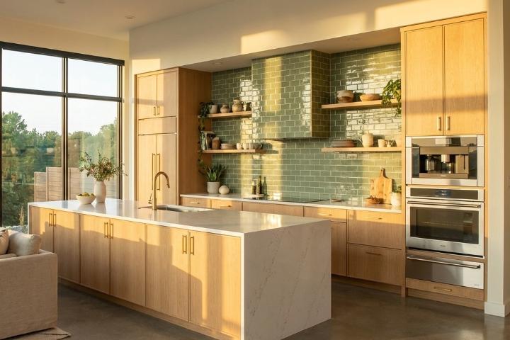 Open contemporary kitchen featuring sage green subway tile backsplash