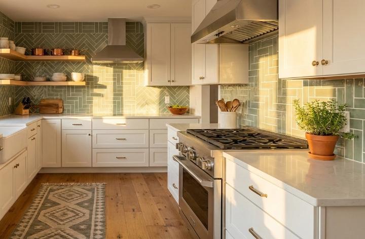 Glossy sage green subway tiles paired with white cabinetry