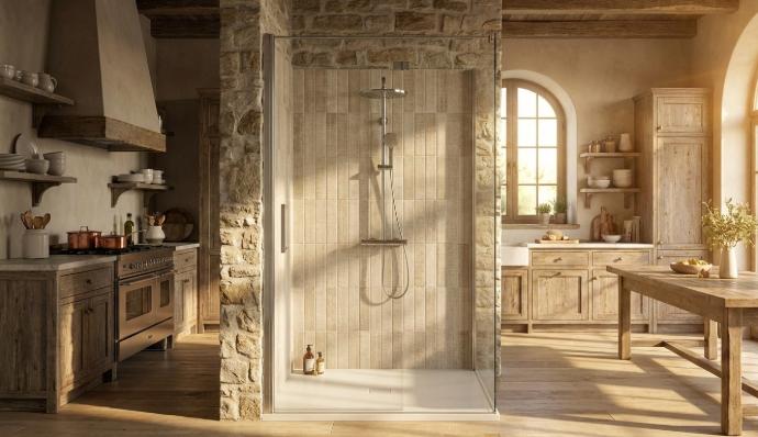 Vertical enchanted fabric look porcelain tile in a shower settings