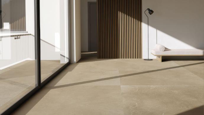 Large format Aldridge Limestone Look Porcelain Tile flooring in contemporary indoor-outdoor living area