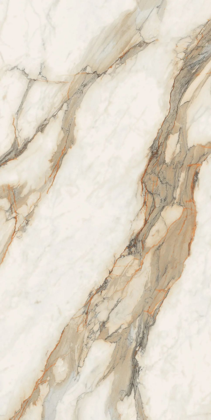 Calacatta Hermitage porcelain slabs detail displaying elegant golden and grey veining on white background.