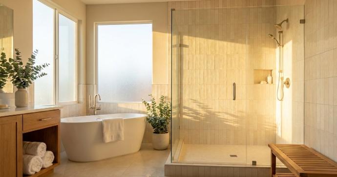 Mozart polished porcelain tile installed in vertical subway tile pattern on shower wall creating luxurious spa-like bathroom