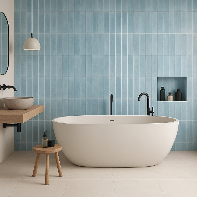 Aveline 3x11 subway tile in Agua blue installed vertically in modern bathroom with freestanding tub