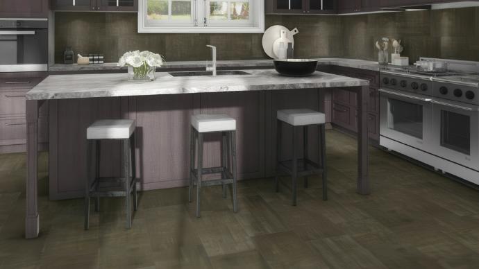 Porcelain Tile in Kitchen Porcelain wood-look tiles in contemporary kitchen with marble island