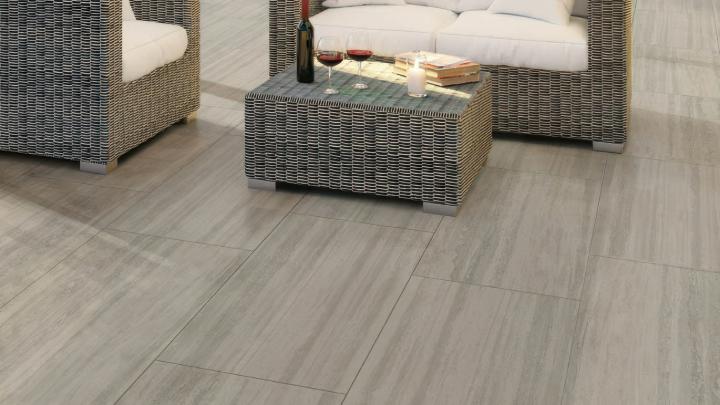 Porcelain Tile in Living Room Gray wood-look porcelain tile flooring on outdoor patio