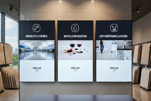 Advantages of porcelain tile as seen in one of the tile and stone showroom displays about the product