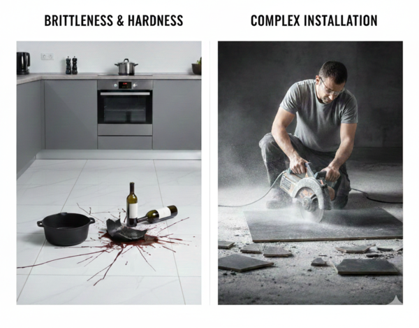 Side by side image showing drawbacks of porcelain tile