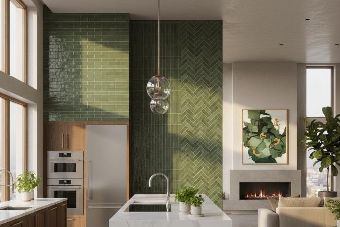 Multiple green porcelain tile layout demonstrations showing horizontal, vertical subway tile, and herringbone patterns for wall installations