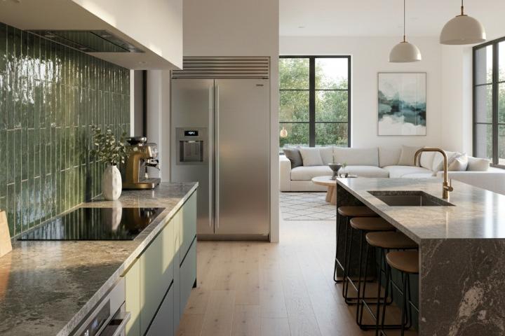 Modern kitchen with green vertical subway tile backsplash