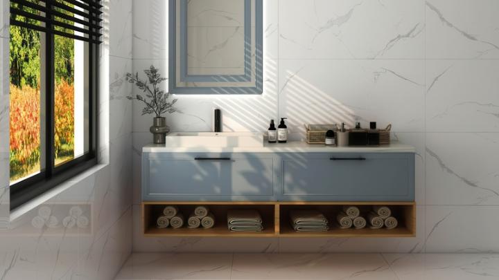 White marble-look porcelain tile bathroom walls