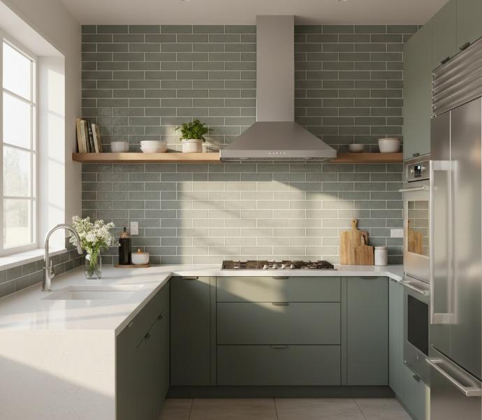 Modern kitchen featuring sage green porcelain tile backsplash