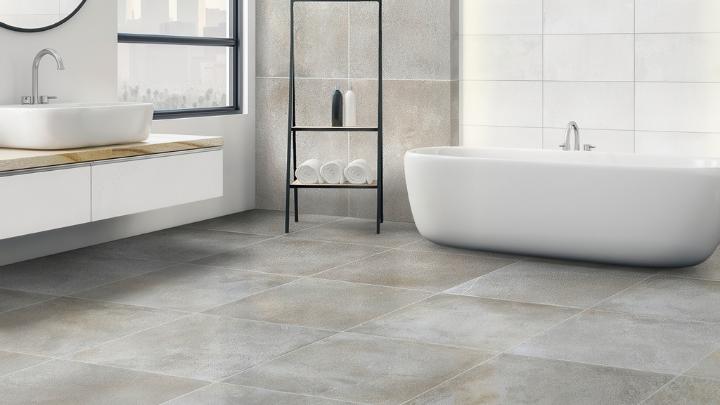 Gray concrete-look porcelain floor tile in large format