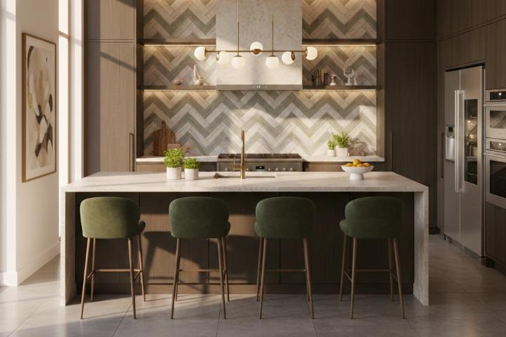 Contemporary kitchen featuring chevron tile backsplash and marble countertop Modern kitchen with chevron pattern backsplash, marble island, and green velvet bar stools