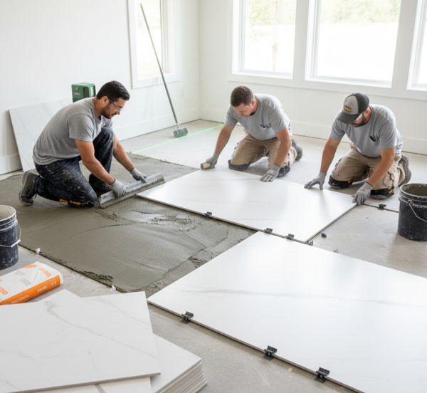 Professional installation of large-format white porcelain tile on a leveled floor.