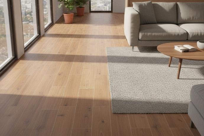 Chestnut porcelain tile flooring in contemporary living room.