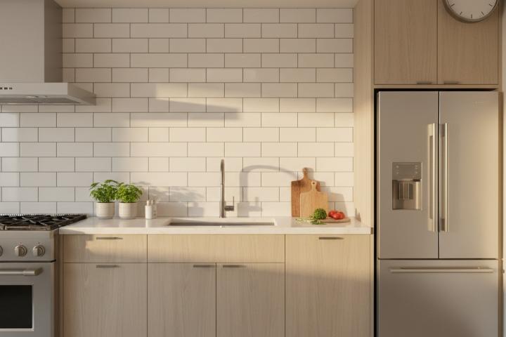 White porcelain subway tiles installed as kitchen backsplash with grey grout lines