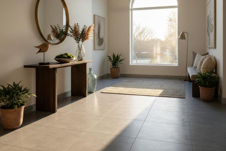 Grey matte porcelain floor tiles in modern entryway with slip-resistant surface
