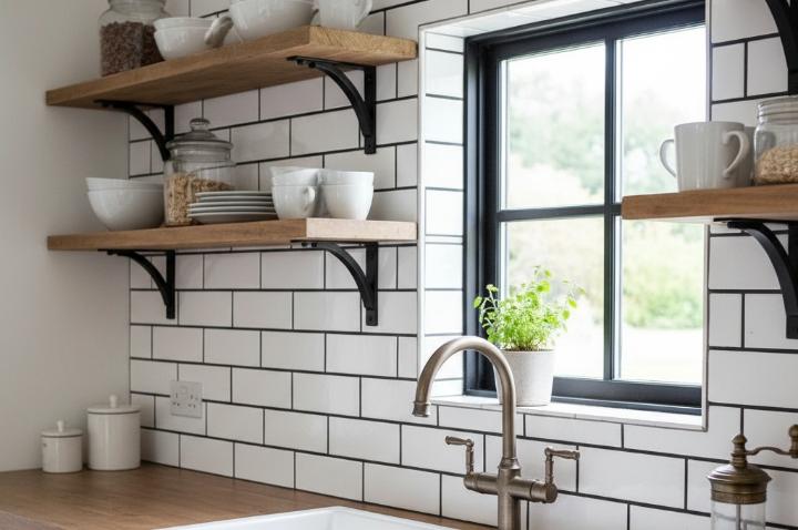 White porcelain tile with black grout on kitchen