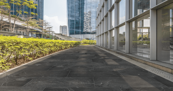 Slate look porcelain tile installed in an outdoor commercial plaza.