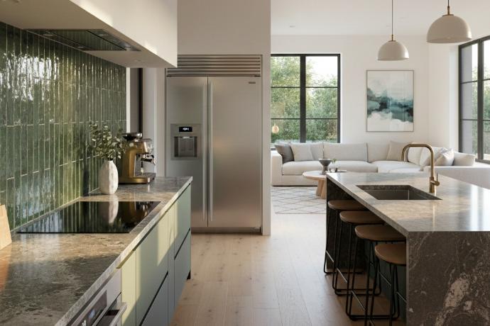 Green porcelain tile in kitchen backsplash