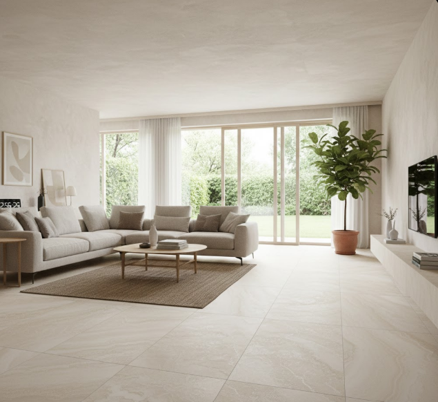 Light-filled living room with beige sofas, large floor-to-ceiling windows, and cream tile flooring Bright minimalist living room with large windows and neutral tones