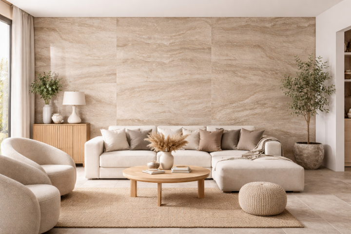 Modern neutral living room with porcelain tile accent wall Beige minimalist living room with porcelain tile wall