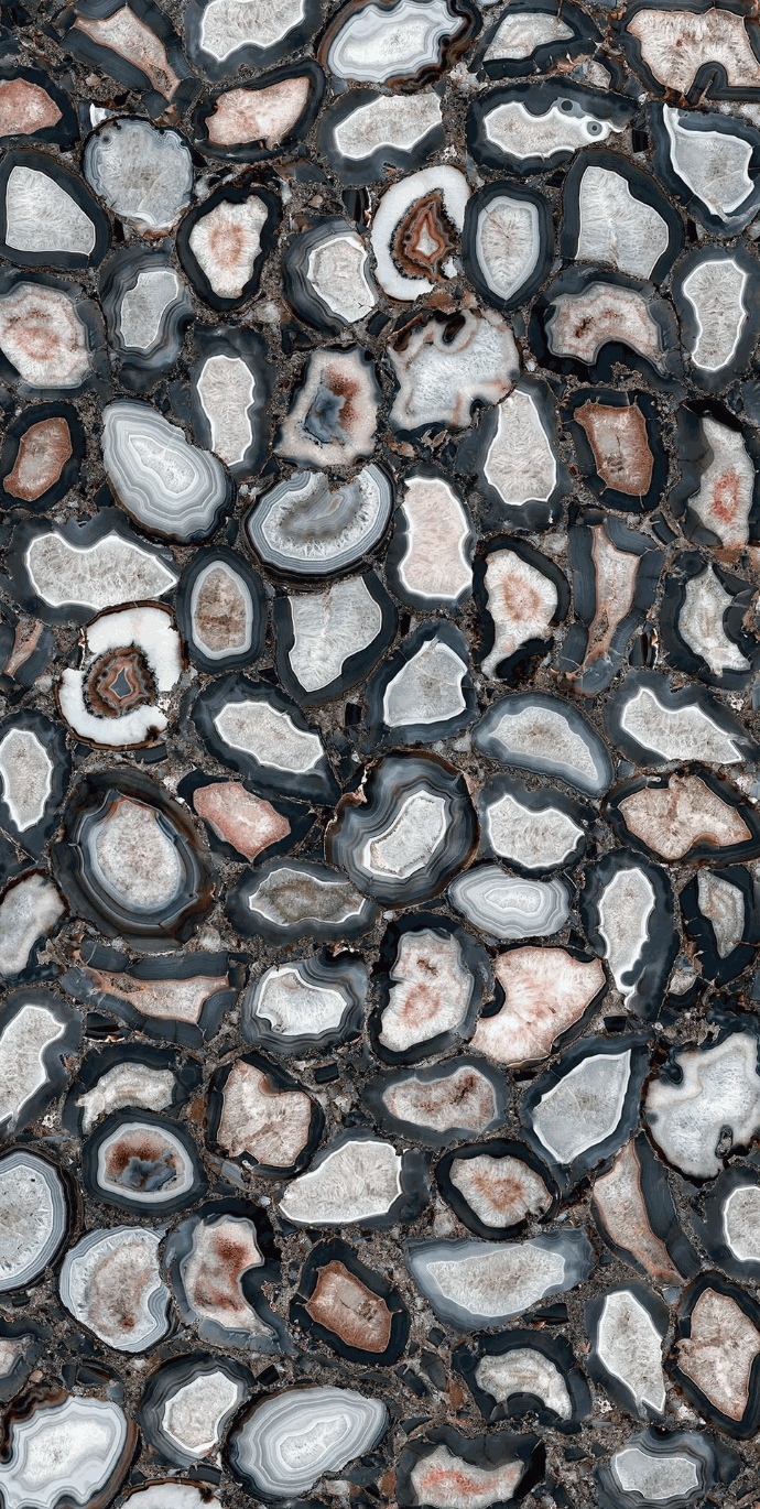Cammeo porcelain slabs full slab view showing agate patterns in blue, gray, and coral tones.