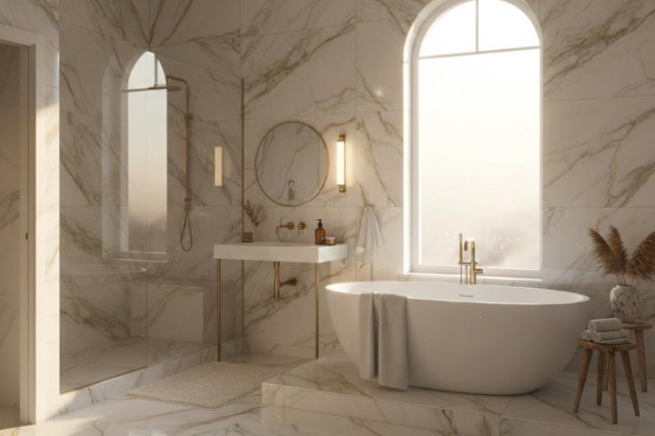 Marble-look porcelain tiles with dramatic veining in master bathroom