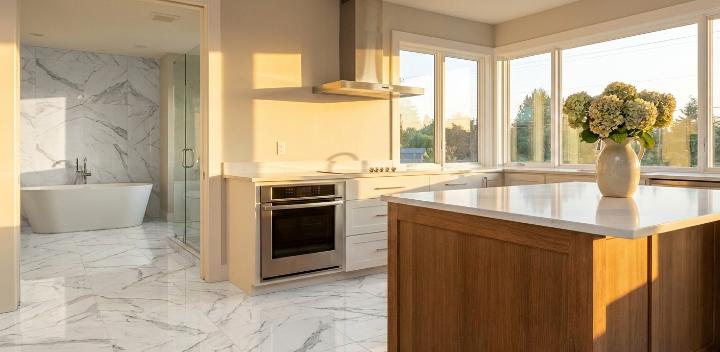 marble look porcelain tile on modern kitchen
