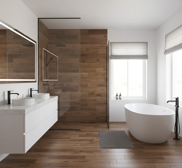 Modern bathroom featuring realistic wood look porcelain tile.