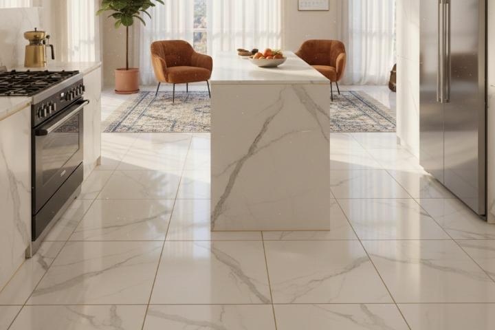 Marble-look porcelain tiles with proper grout sealing detail