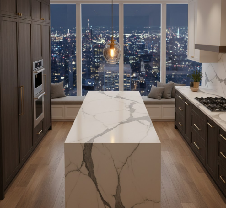Kitchen at the high roof top white slab countertop