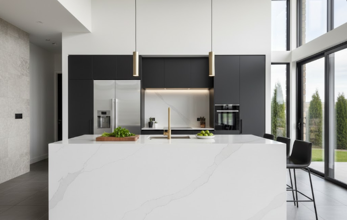 Modern kitchen featuring a white quartz kitchen island slab
