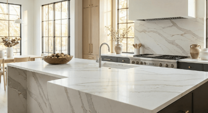 White marble kitchen island with waterfall edge and matching marble backsplash