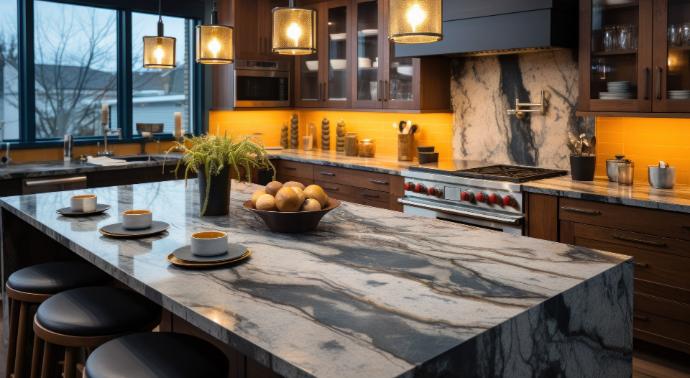 Heavily veined quartzite island and matching backsplash with warm wood cabinetry.