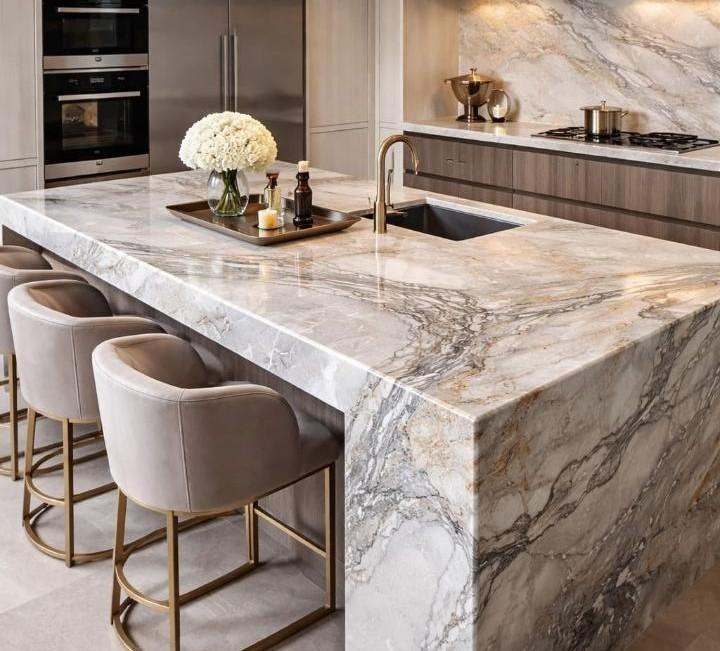 Contemporary kitchen with a light-colored, waterfall-edge quartzite kitchen island.