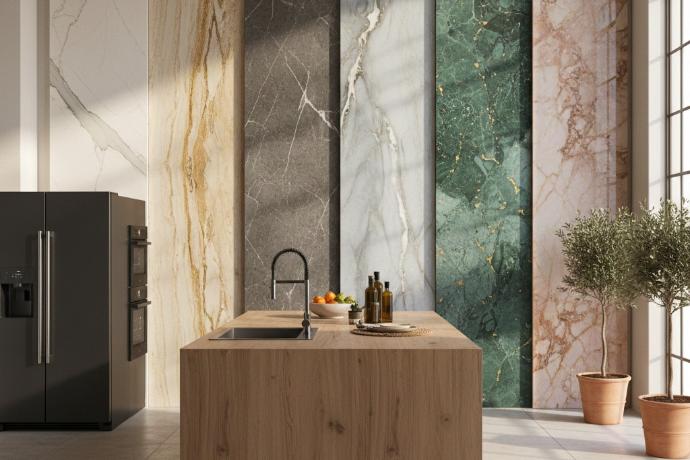 Full-width dolomite slab options in multiple colors displayed side by side for kitchen design selection