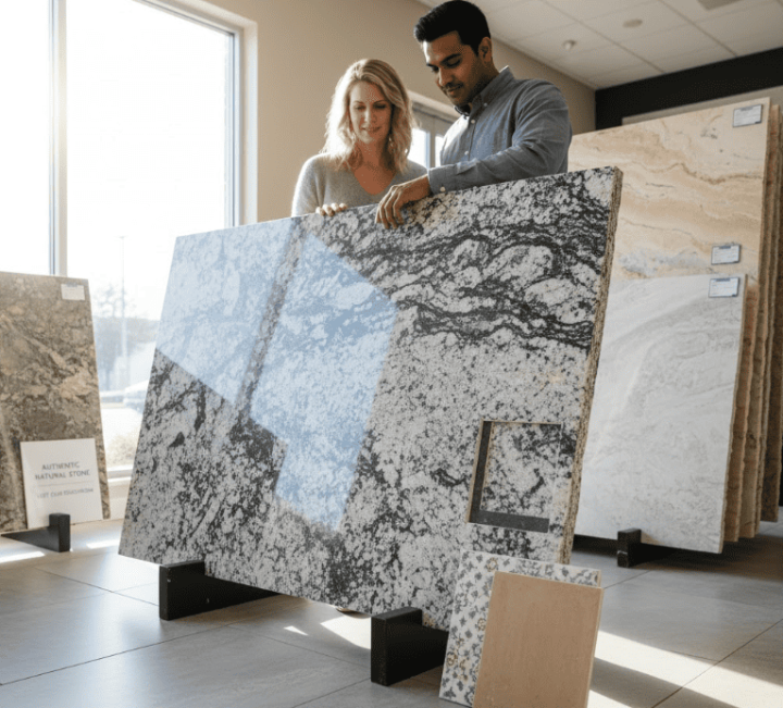 Couple browsing natural stone slab