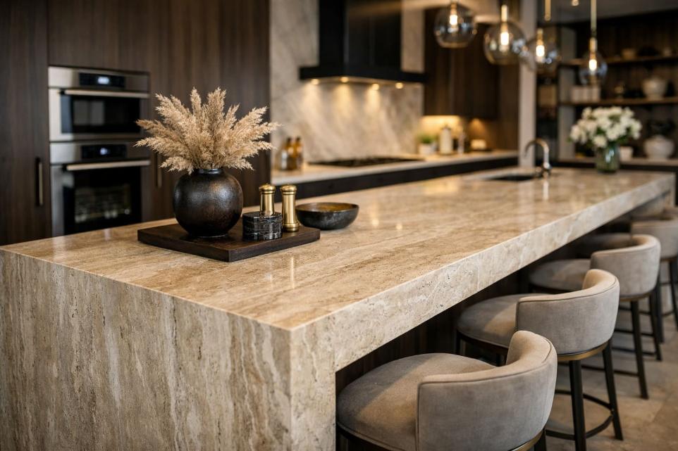 Travertine island with a waterfall edge and dark cabinetry.