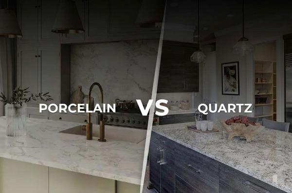 Natural stone slab comparison: porcelain vs. quartz countertops.